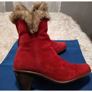 Unique DANSKO Rhea Red Suede Leather Faux Fur Trim Side Zip